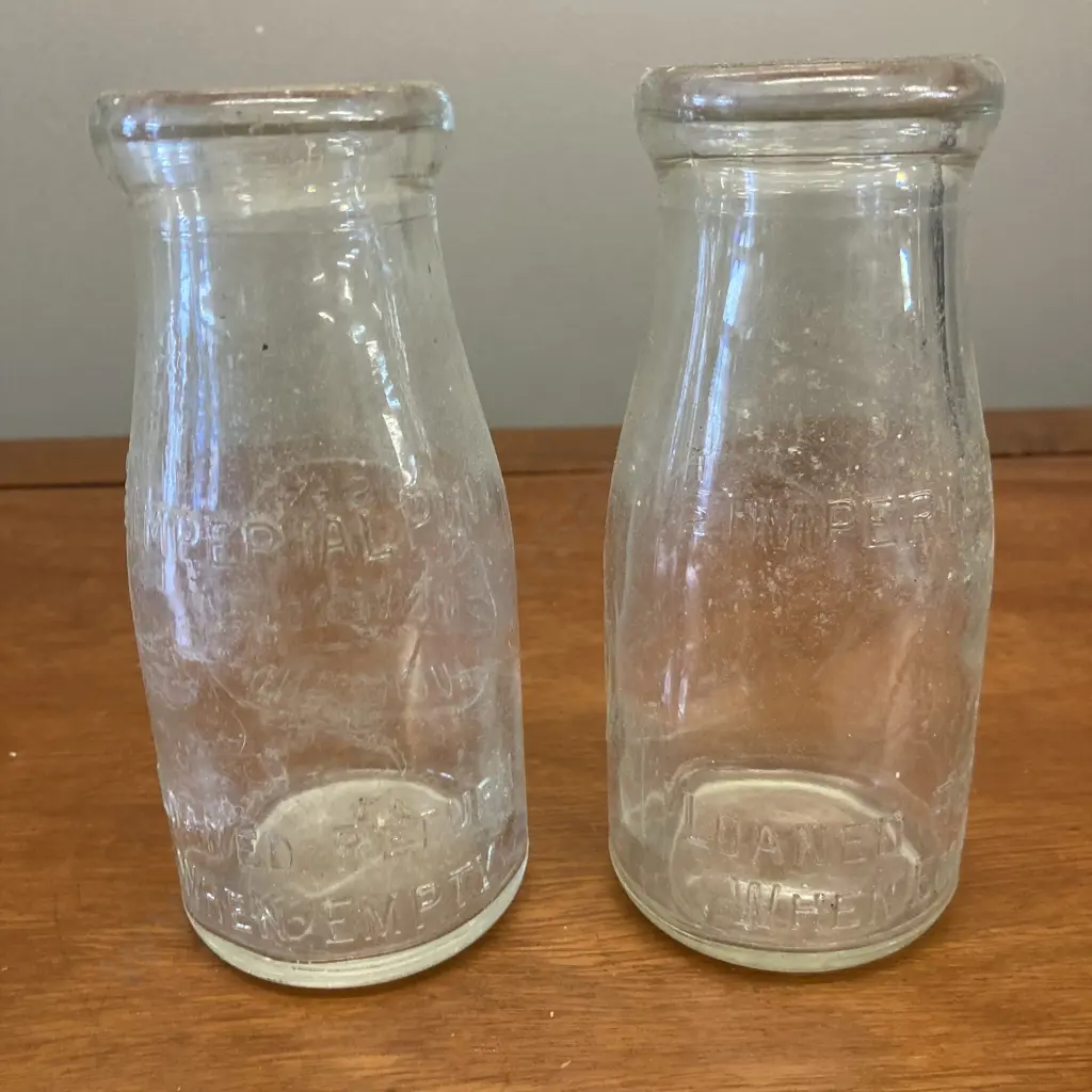 Ambury's Limited Milk Vendors Auckland 1/2 Imperial Pint Bottles, 1950s. H13cm Image 1++